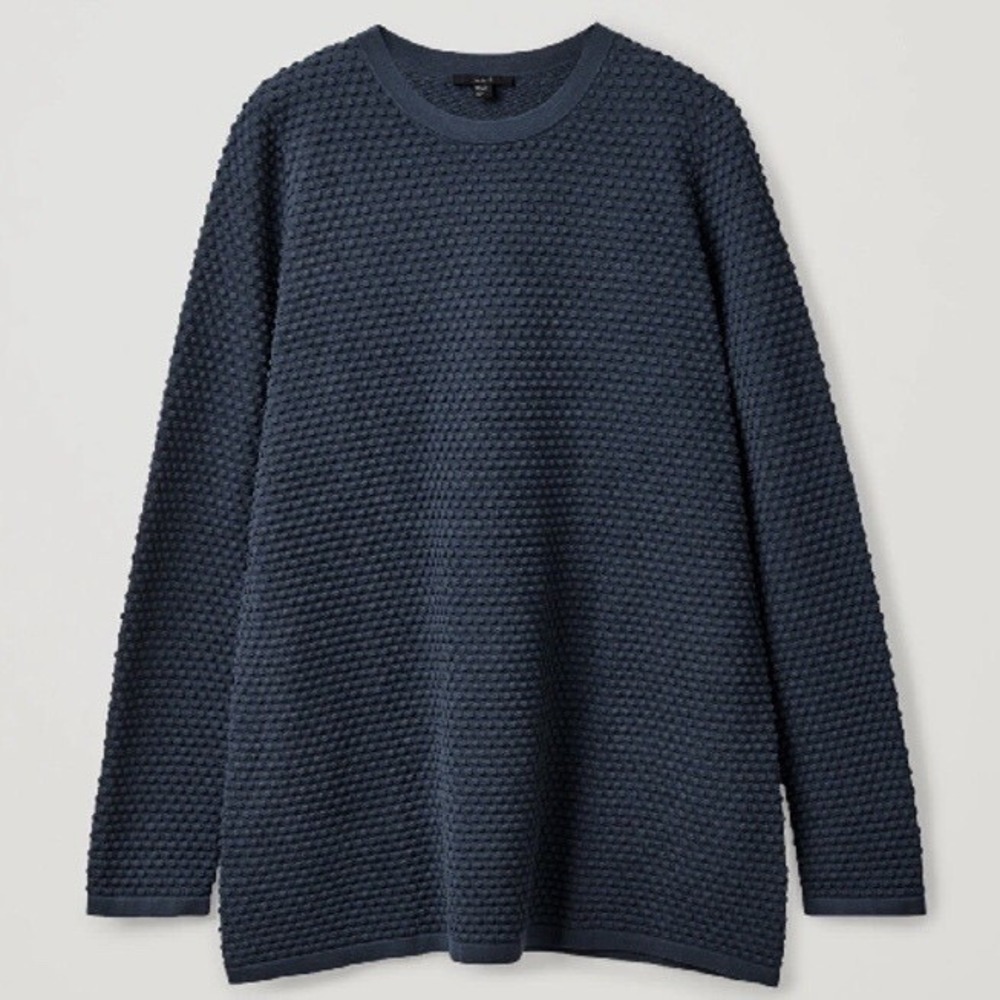 COS Navy Blue Textured Bobble Knit Cotton Sweater Crew Neck Longline Pullover L